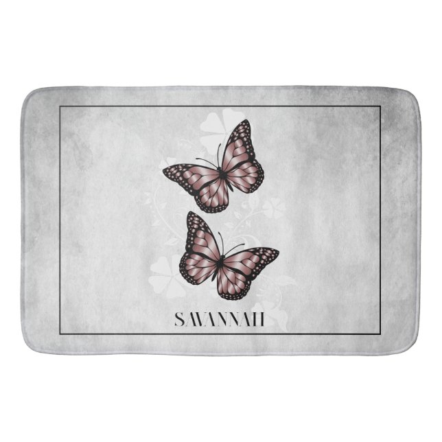Pink Butterfly Floral Personalised Bath Mat (Front)