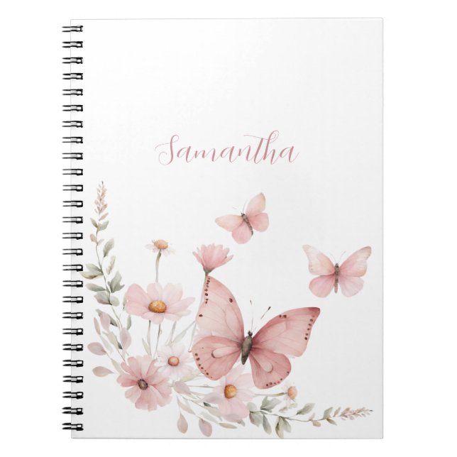Pink Butterfly Floral Personalised Notebook (Front)