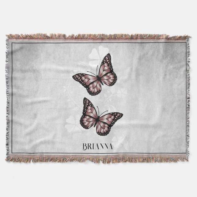 Pink Butterfly Floral Personalised Throw Blanket (Front)