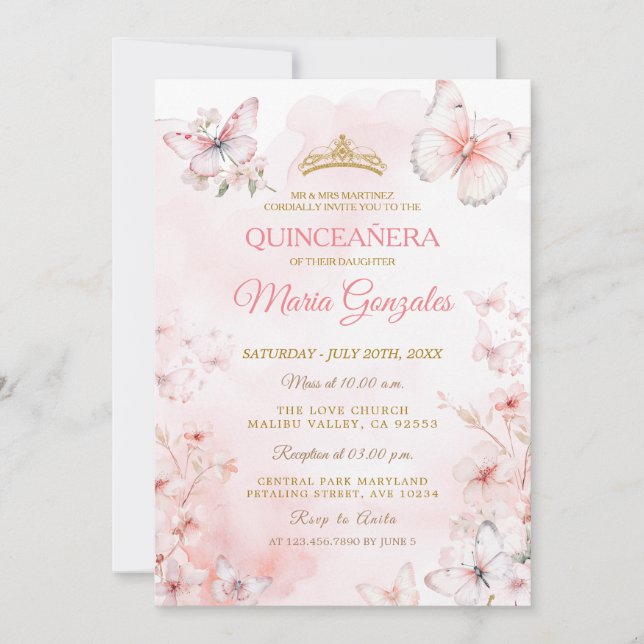 Pink Butterfly Floral Quinceañera  Invitation (Front)