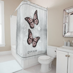 Pink Butterfly Floral Shower Curtain