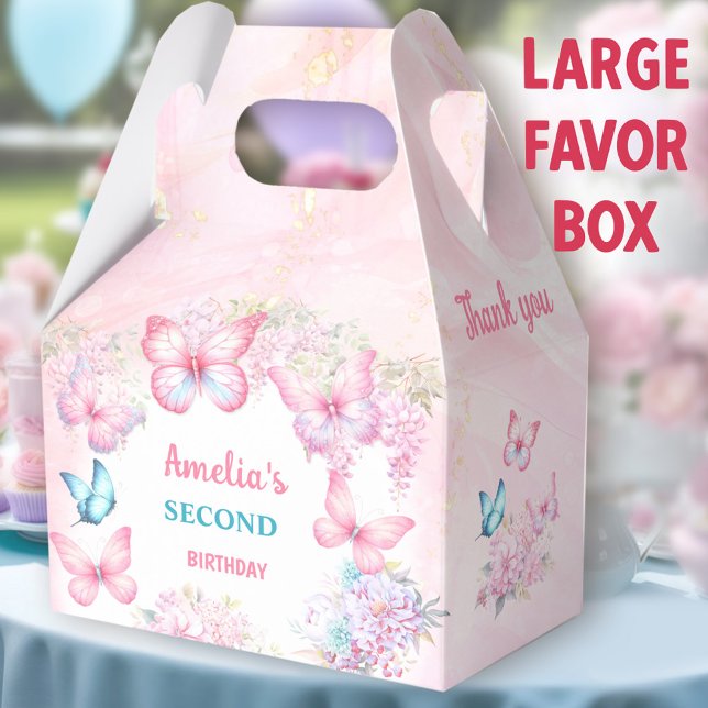Pink Butterfly Floral Summer Girl Birthday Large Favour Box (Butterfly large favor boxes. You can choose from 3 sizes of these gable favor boxes.)