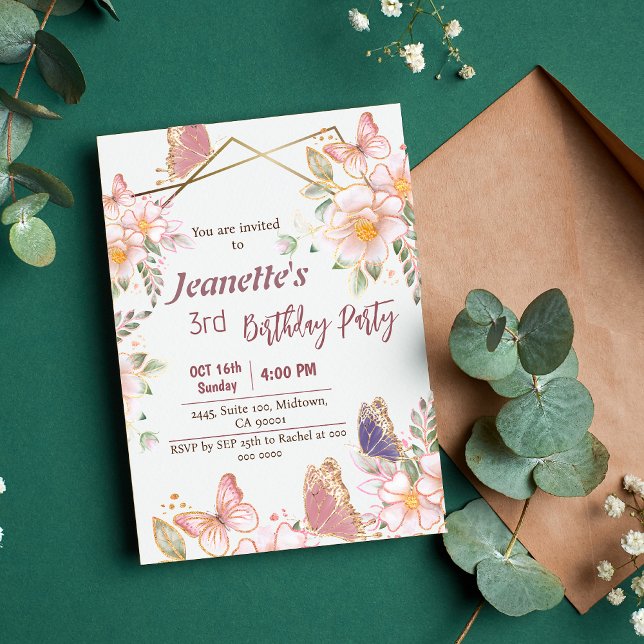 Pink butterfly floral themed 3rd birthday  invitation (Pink floral butterfly birthday invitation
)