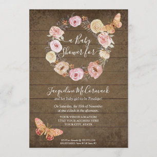 Pink Butterfly Floral Watercolor Wreath Baby Girl Invitation
