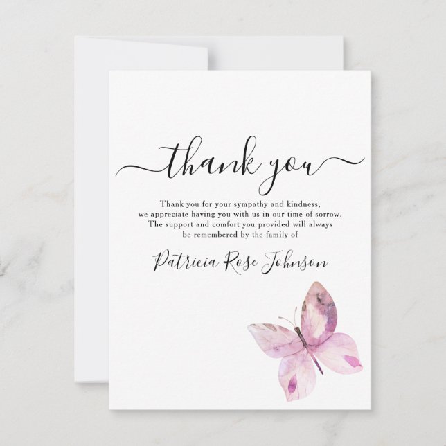 Pink Butterfly Funeral Memorial Thank You Note (Front)