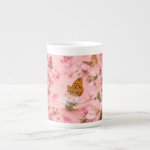 Pink Butterfly Garden Floral Bone China Mug