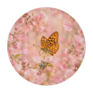 Pink Butterfly Garden Floral Cutting Board