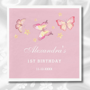 Pink Butterfly Girl 1st Birthday Party Napkin