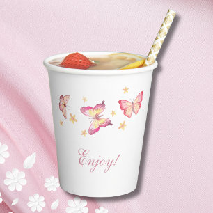 Pink Butterfly Girl 1st Birthday Party Paper Cups