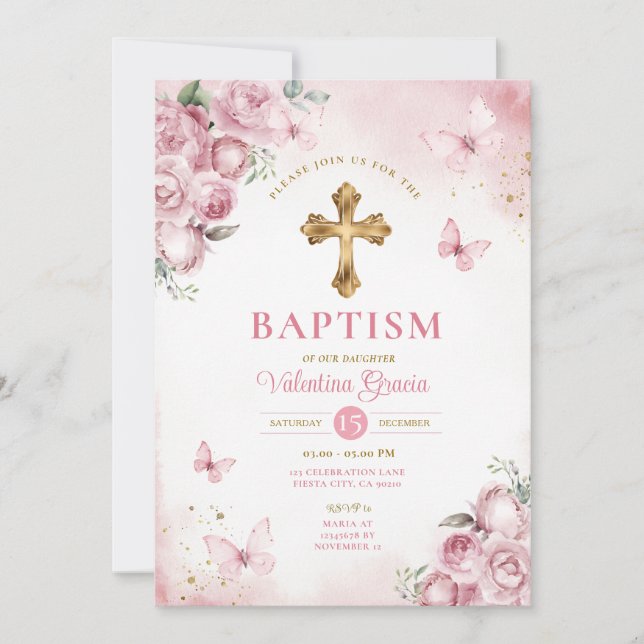 Pink Butterfly Girl Baptism Gold Cross Flowers Invitation (Front)