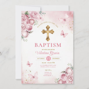 Pink Butterfly Girl Baptism Gold Cross Flowers Invitation