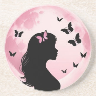Pink Butterfly Girl With Full Moon Coaster