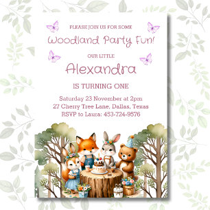 Pink Butterfly Girl Woodland Animals 1st Birthday Invitation