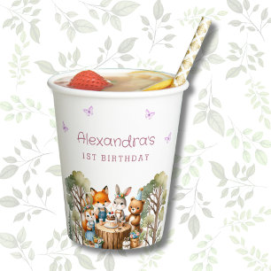 Pink Butterfly Girl Woodland Animals 1st Birthday Paper Cups