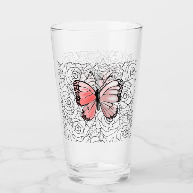 Pink Butterfly Glass with Roses (Front)