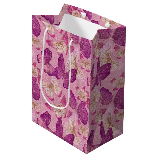 Pink Butterfly Glitter Seamless Pattern Medium Gift Bag (Front Angled)