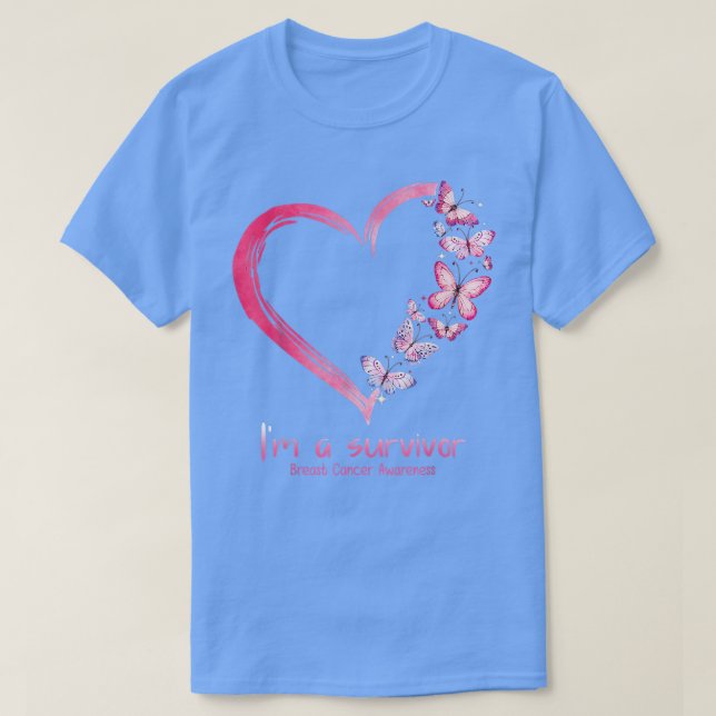 Pink Butterfly Heart I'm A Survivor Breast Cancer  T-Shirt (Design Front)