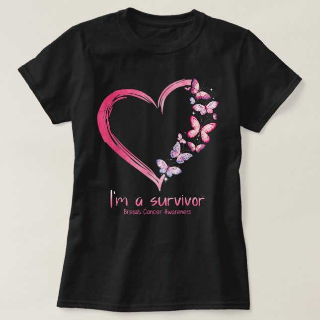 Pink Butterfly Heart I'm A Survivor Breast Cancer  T-Shirt (Design Front)