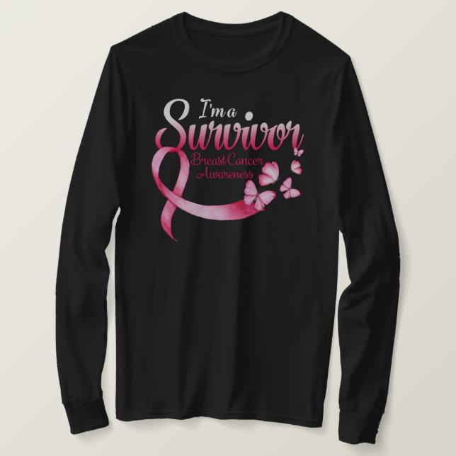 Pink Butterfly Heart I'm A Survivor Breast Cancer T-Shirt (Design Front)