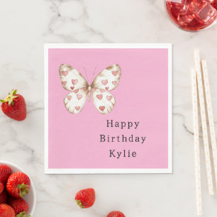 Pink Butterfly Hearts Birthday Napkin