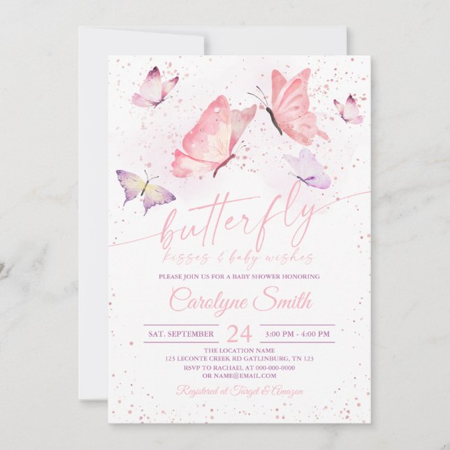 Pink Butterfly Kisses & Baby Wishes Baby Shower Invitation (Front)