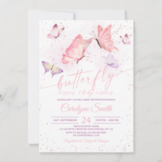 Pink Butterfly Kisses & Baby Wishes Baby Shower Invitation