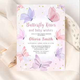 Pink Butterfly Kisses Girl Baby Shower Invitation