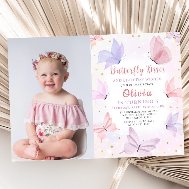 Pink Butterfly Kisses Girls Birthday Party Photo Invitation (Creator Uploaded)