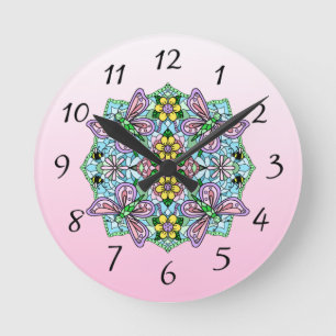 Pink Butterfly Mandala Whimsical Hand Drawn   Round Clock