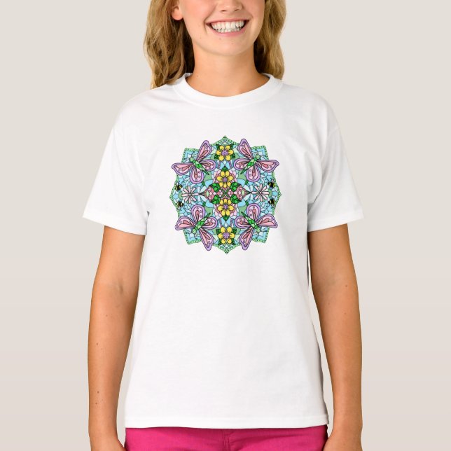 Pink Butterfly Mandala Whimsical Hand Drawn    T-Shirt (Front)