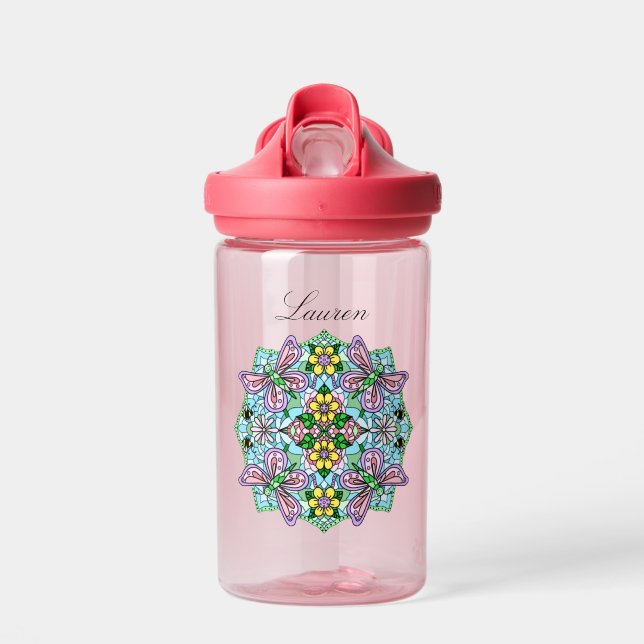 Pink Butterfly Mandala Whimsical Hand Drawn    Water Bottle (Front)