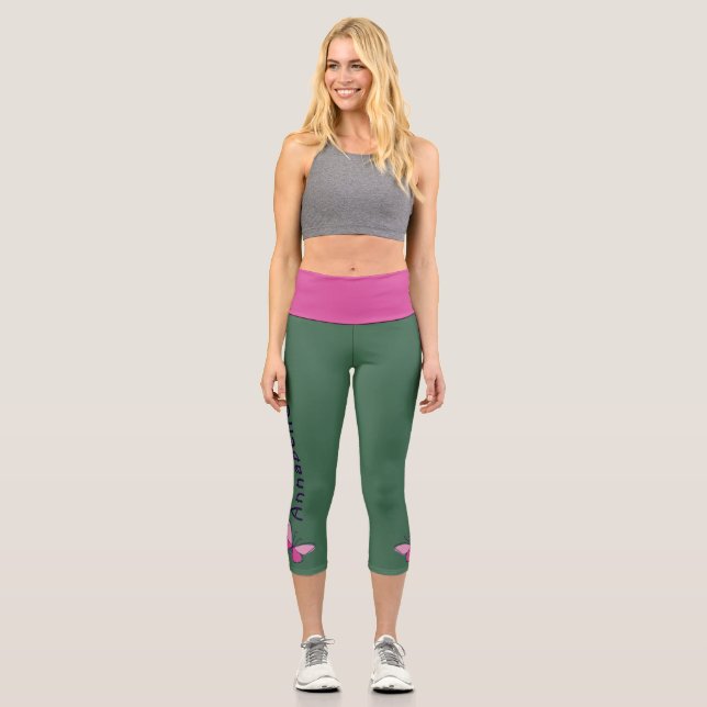 Pink Butterfly - Name - Green Capri Leggings (Front)