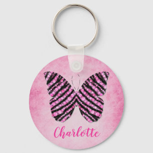 Pink Butterfly Name Monogram Key Ring