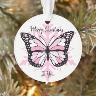 Pink Butterfly on a Snowflake Christmas Ornament