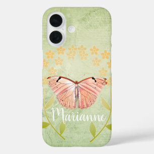 Pink Butterfly on Green Floral Background iPhone 16 Case