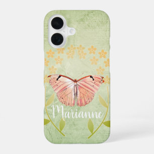 Pink Butterfly on Green Floral Background iPhone 16 Case