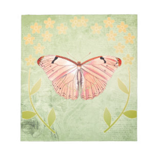 Pink Butterfly on Green Floral Background Notepad