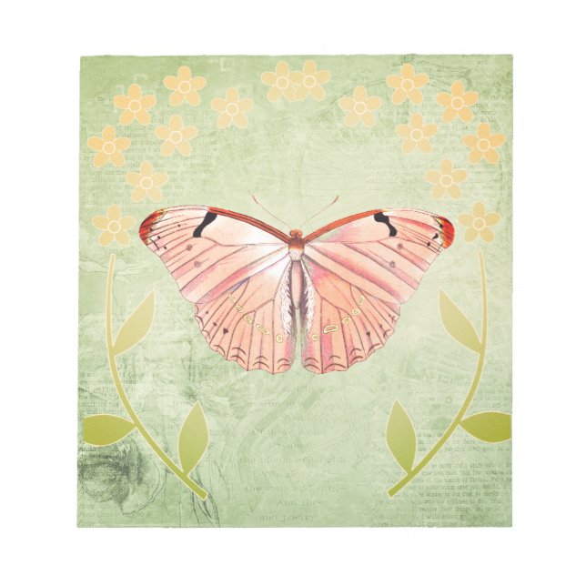 Pink Butterfly on Green Floral Background Notepad (Front)