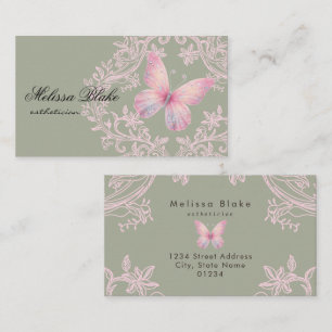 pink butterfly on sage green background business card