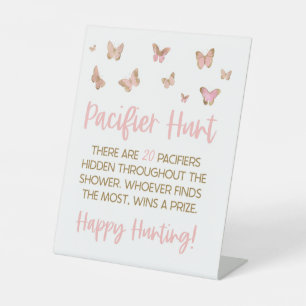 Pink Butterfly Pacifier Hunt Baby Shower Game Pedestal Sign