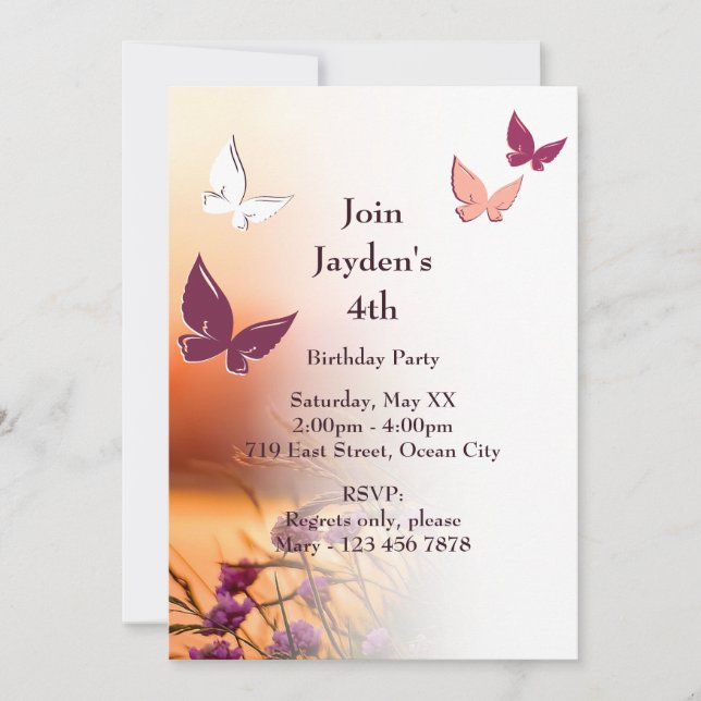 Pink Butterfly Party 4th Birthday Invitation Card (Front)