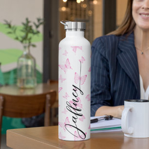 Pink Butterfly Pattern Gift For Bridesmaid Custom Water Bottle