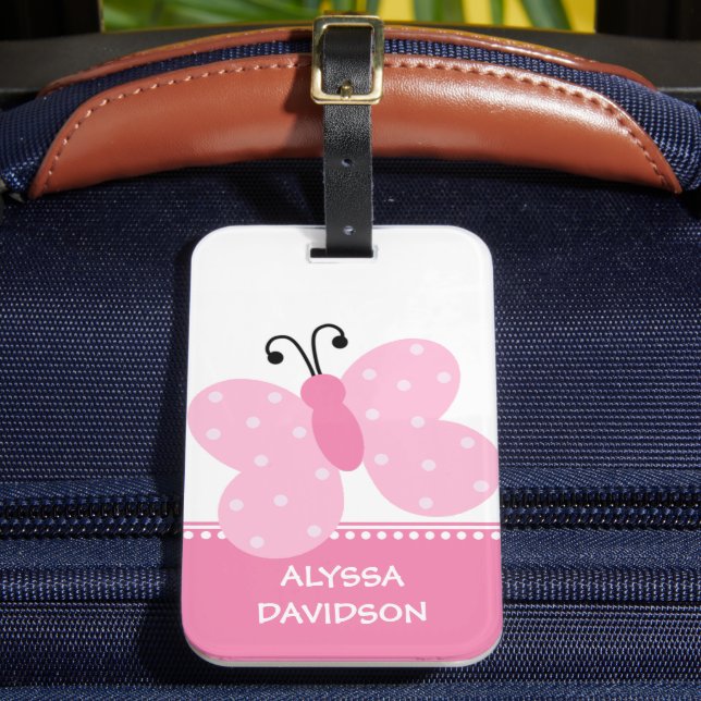 Pink Butterfly Personalised Luggage Tag (Front Insitu 2)