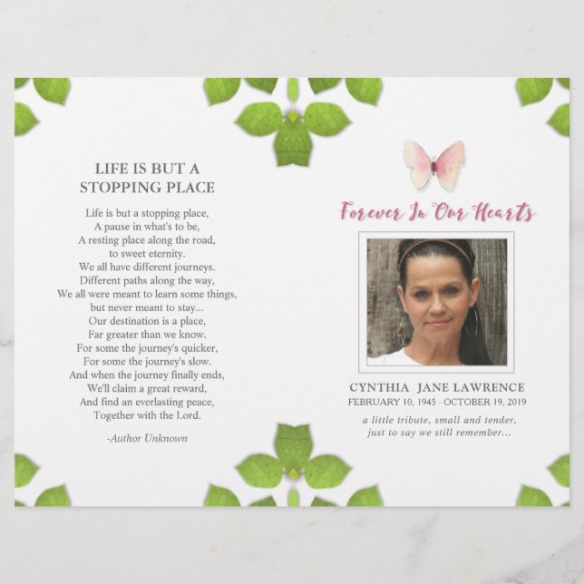 Pink Butterfly Photo Funeral Memorial Program (Front)