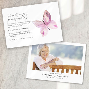 Pink Butterfly Photo Sympathy Funeral Memorial Thank You Card