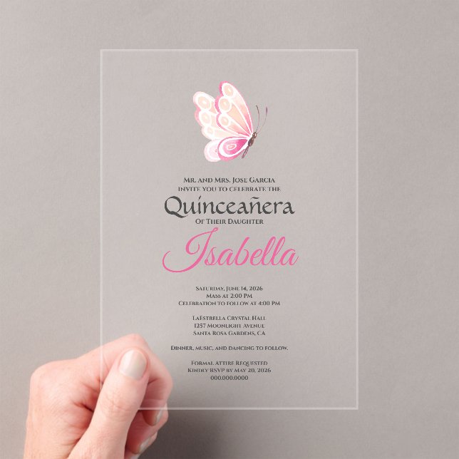 Pink Butterfly Quinceanera 15th Birthday Acrylic Invitations (Insitu (Handheld))