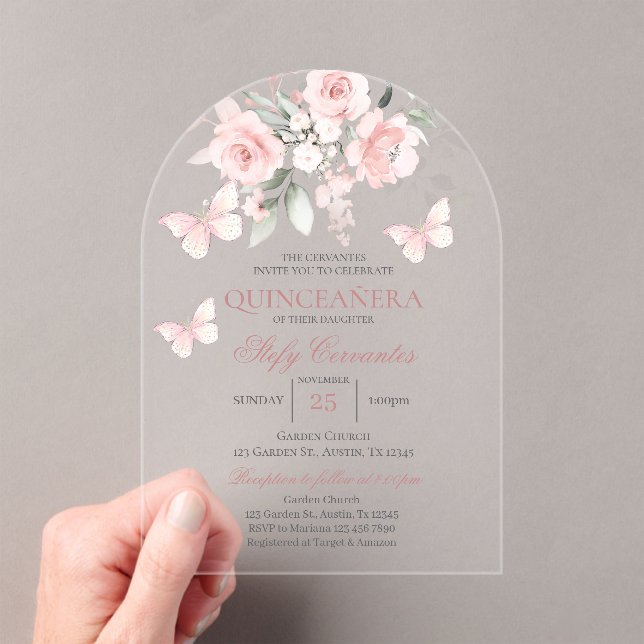 Pink Butterfly Quinceañera  Acrylic Invitations (Insitu (Handheld))