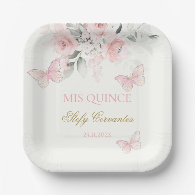 Pink Butterfly Quinceañera Paper Plate (Front)