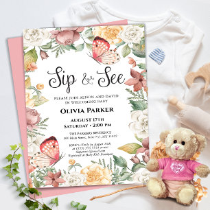 Pink Butterfly Rose Floral Baby Girl SIP AND SEE Invitation