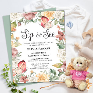 Pink Butterfly Rose Floral Baby Girl SIP AND SEE Invitation